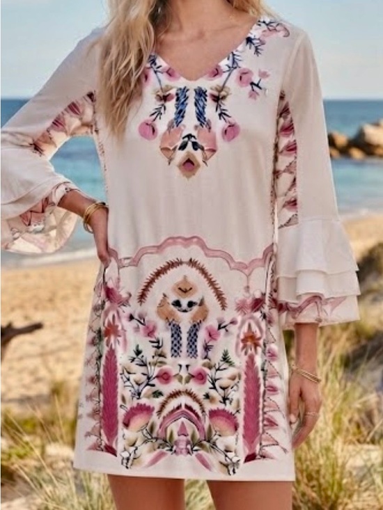 Dresses & Skirts - Women's dress with Cream with Pink Floral Print